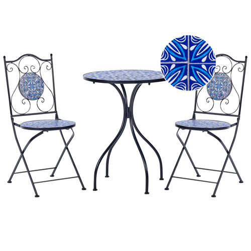 Balkon Set Schwarz u. Blau aus Metall Mosaik Muster mit 2 Stühlen 1 Tisch Outdoor Terrassenmöbel Gartenmöbel Balkonmöbel