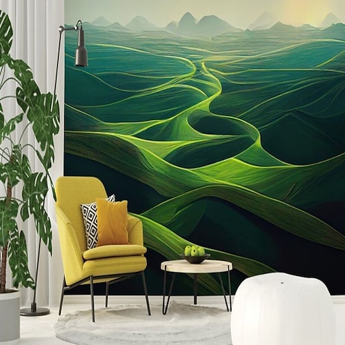 Landschaftstapete, Wandbild, grüner Wald, Wandverkleidung, Aufkleber, abziehen und aufkleben, entfernbares PVC/Vinyl-Material, selbstklebend/Klebstoff erforderlich, Wanddekoration für Wohnzimmer, Image