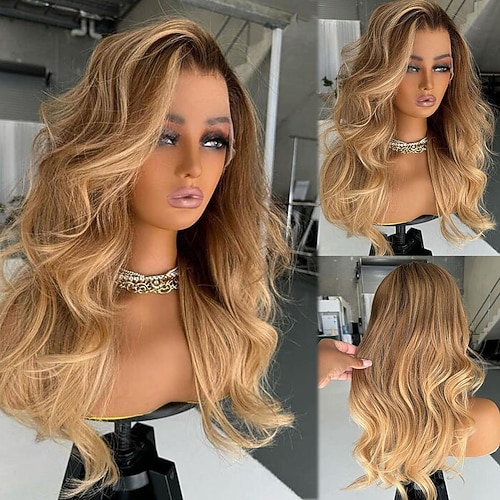 Remy Menschenhaar 13x4 Spitzenfront Perücke Stufenhaarschnitt Brasilianisches Haar Wellen Mehrfarbig Perücke 130% 150% Haardichte Gefärbte Haarspitzen (Ombré Hair) Strähnchen / Balayage-Technik 100 Image