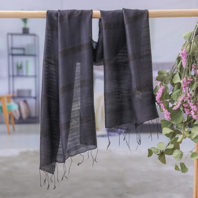 Posh Flair,'Hand-Dyed Black Fringed Batik Silk and Cotton Blend Scarf'