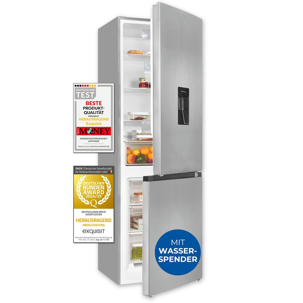 Exquisit Kühl-Gefrierkombination KGC5320-95-E-WS-040C inoxlook | Nutzinhalt: 313 L | Wasserspender | 4*-Gefrieren | Image
