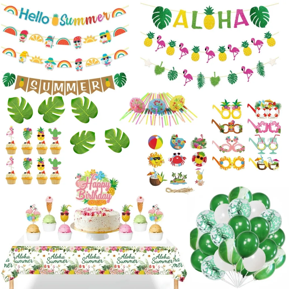 Hawaii Party Dekorationen Flamingo Banner Palmblatt Papier Glas Tropical Aloha Sommer Party Hochzeit Geburtstag Party Dekor Liefert Image