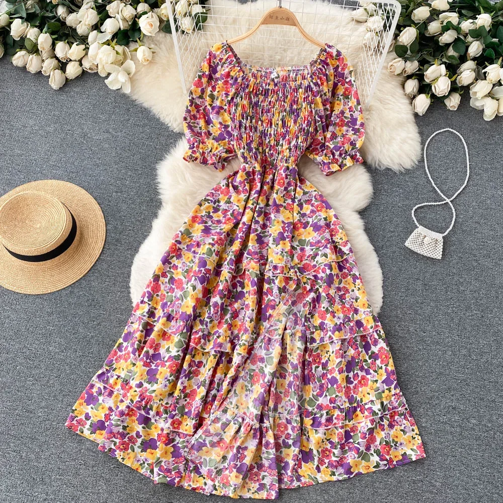 Neue Sommer Frauen Mode Gedruckt Elastische Taille Split A-line Lange Kleid Vintage Puff Sleeve Chic Dame Kleid Strand Outfits Image