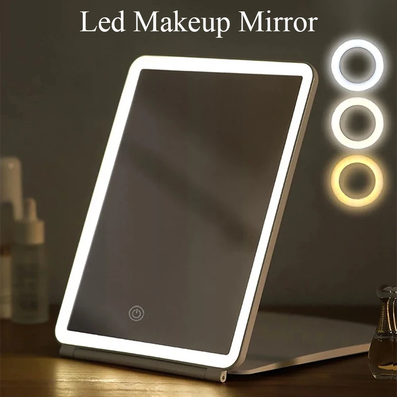 Tragbare faltbare Reise Make-up Spiegel LED-Licht mit Touchscreen Dimmen rosa weiß USB wiederauf ladbare Schlafzimmer Kosmetik spiegel