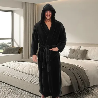 Männer Kapuze Bademantel Flanell Robe lange Bademantel Home Kleid Nachtwäsche weiche flauschige Image