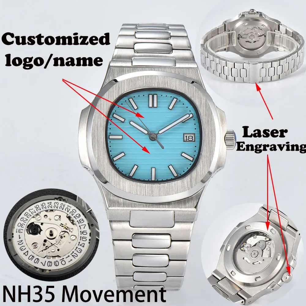 Benutzerdefinierte Logo 41 mm Herren-Automatikuhr, steriles Zifferblatt, grün leuchtendes Saphirglas, japanisches NH-Uhrwerk, 35 mechanische Uhr Image