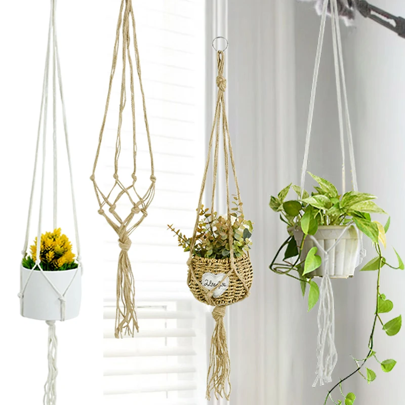 90-122cm handgemachte Makramee Hanf Seil Pflanze Kleiderbügel Blumen Topf Pflanzer hängende Körbe für Hausgarten Countyard Wand dekoration Image