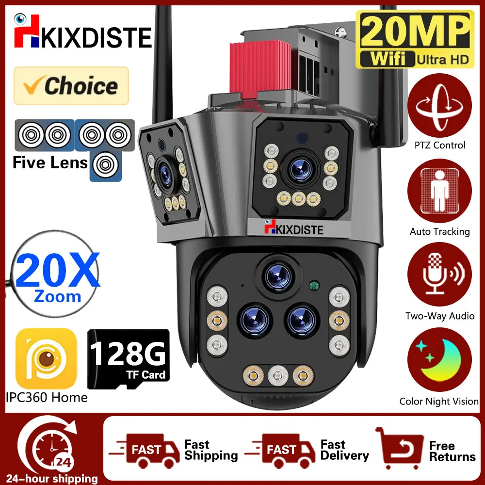 10k 20mp wifi ip kamera 20x zoom überwachungs kamera im freien auto tracking vier objektiv drei bildschirm ptz 16mp 8k videokamera 360 ° Image