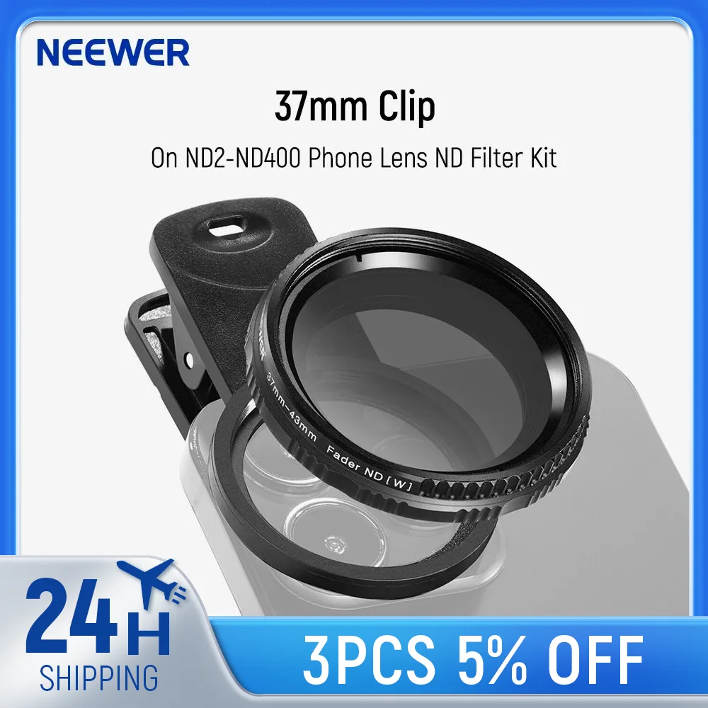 NEEWER 37 mm Clip-On ND2-ND400 Telefonkamera-Objektivfilter-Set: Einstellbarer Filter mit neutraler Dichte und Telefonclip Image