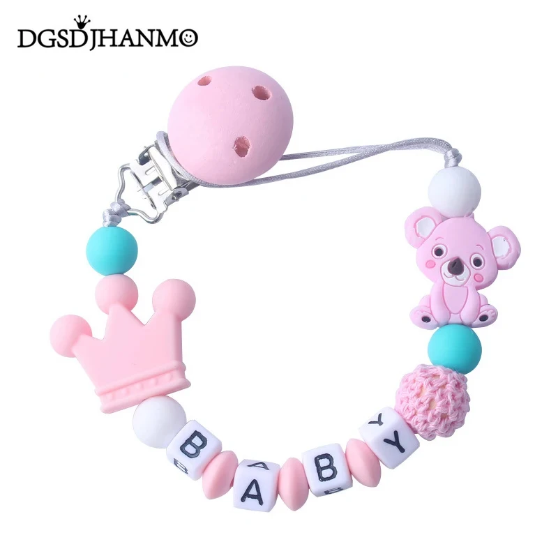 Handgemachter kostenloser personalisierter Name Silikon Baby Schnullerclip Silikon Krone Koala Schnullerkette Halter Baby Safe Zähne Image