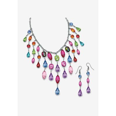 Women's Multicolor Crystal Bib Necklace And Earrings 2-Piece Set In Antiqued Silvertone by PalmBeach Jewelry in Multi