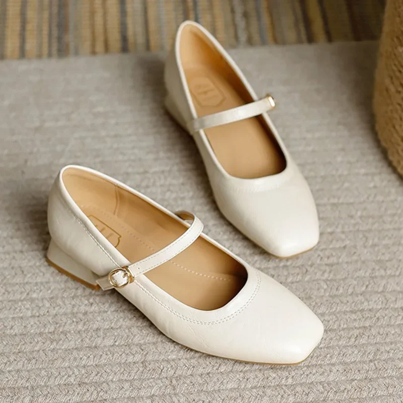 2024 Summer Women 3cm High Heels Concise Wine Red Office Pumps Female Metal Buckle Strap High Heels Lady Sweet Mary Jane Shoes