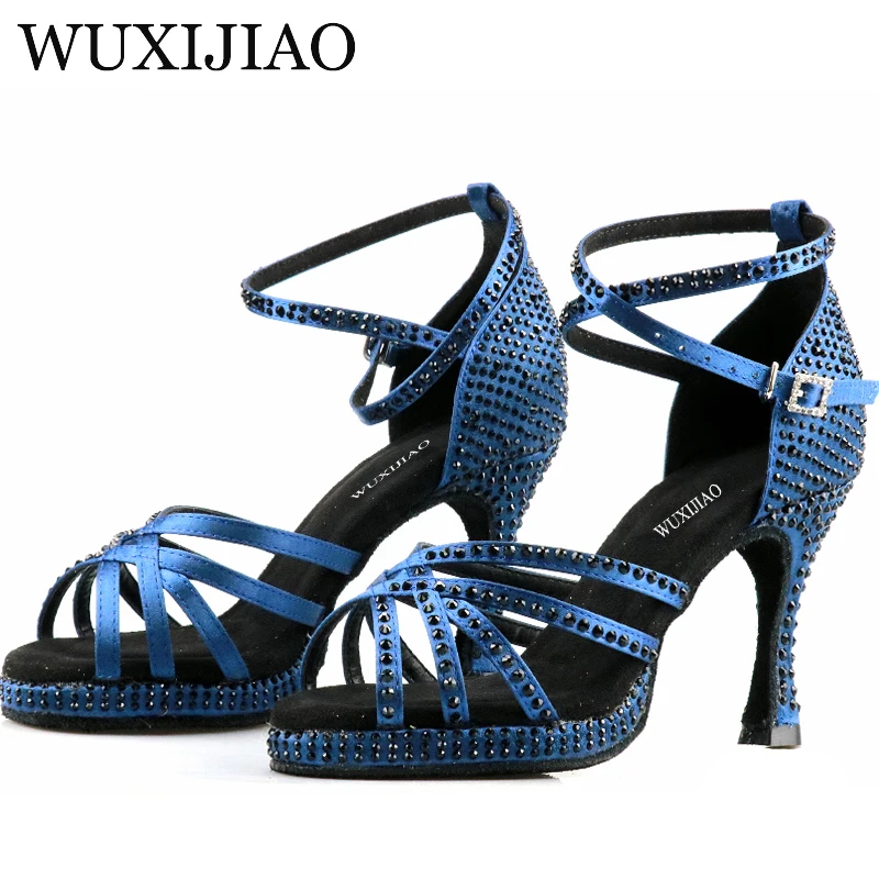 WUXIJIAO Scarpe da ballo professionali per sala da ballo Ladys Halloween Skull Salsa Scarpe da ballo Denim Doodle 9 cm con tacco da donna Ballo latino