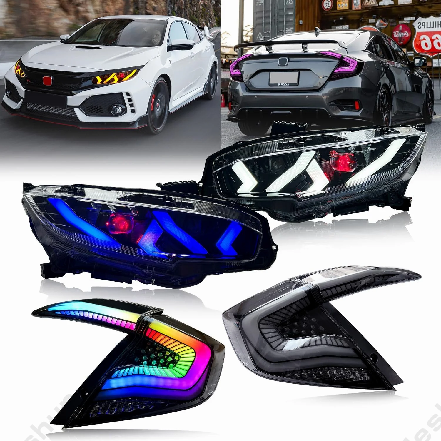 Fari LED RGB Red Demon Eye per Honda Civic 10th Gen sedan Sport/Touring/Si/Type R 2016-2017-2021 coppia di montaggio lampada frontale