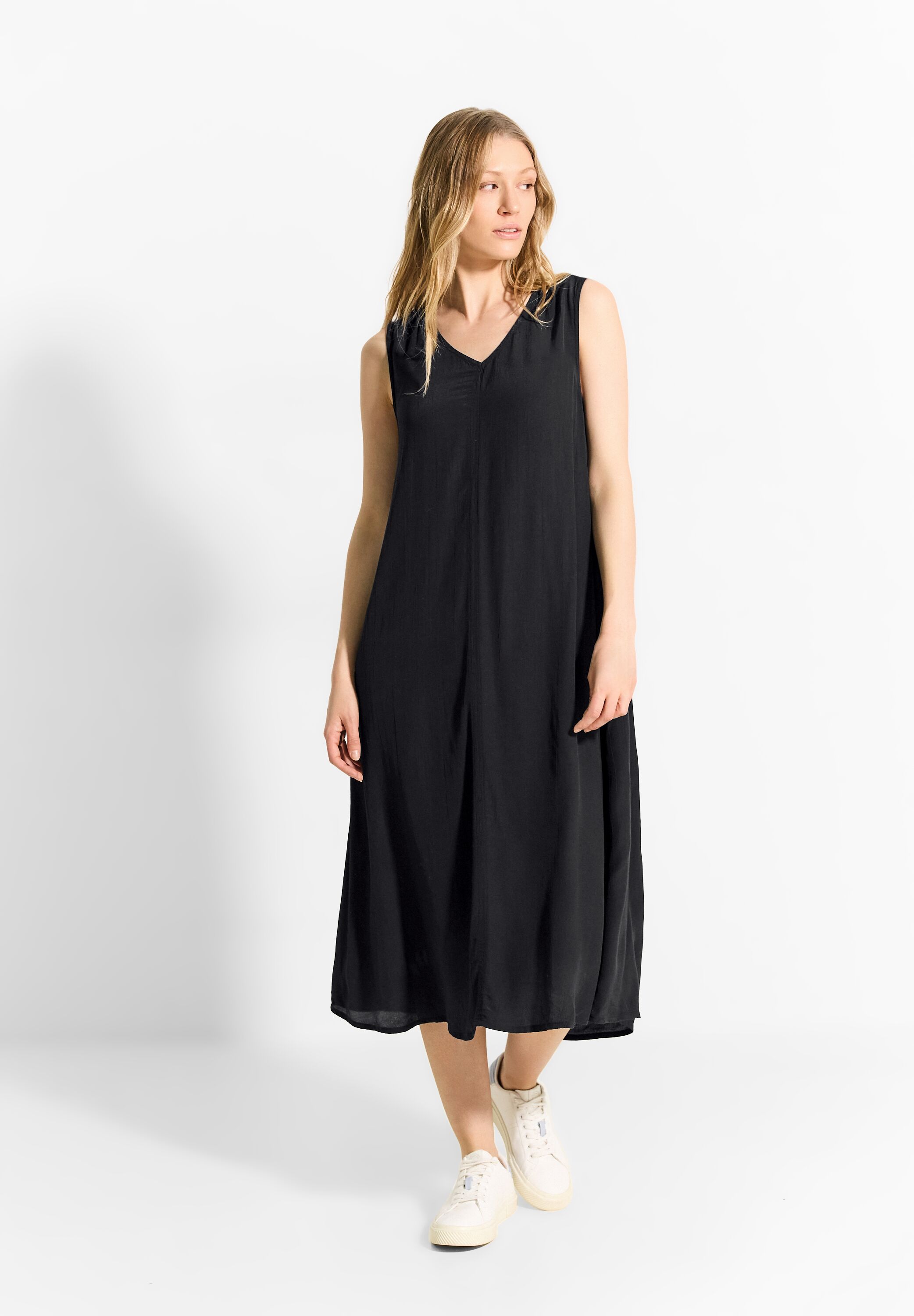 Sommerkleid CECIL, Damen, Gr. XS (36), US-Größen, schwarz, Stoff, 100% Viskose, unifarben, gerade kniebedeckend, V-Ausschnitt, Bündchen, Kleider Sommerkleid, in Crepe Optik