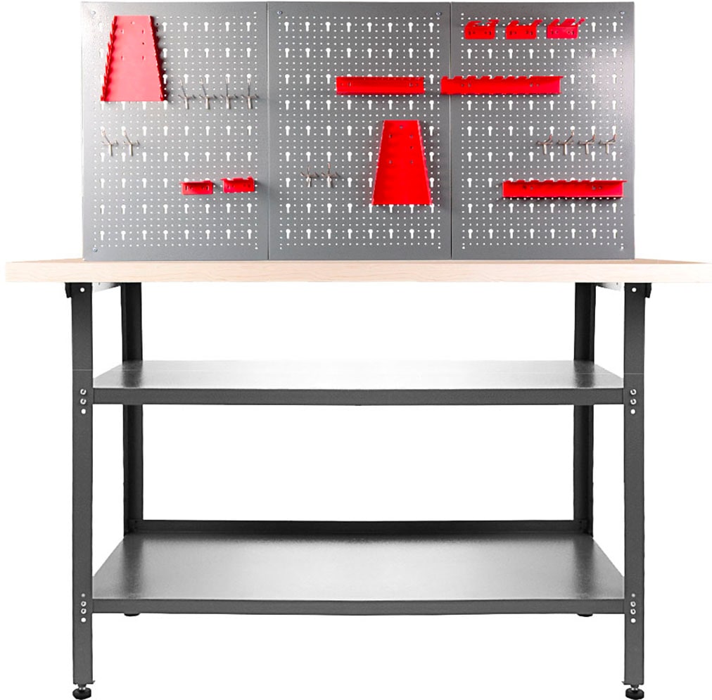 Werkstatt-Set ONDIS24, grau (grau, rot), B:120cm H:145cm T:60cm, Edelstahl, Werkbänke, Werkbank & Lochwand, inkl. 22-tlg. Hakenset