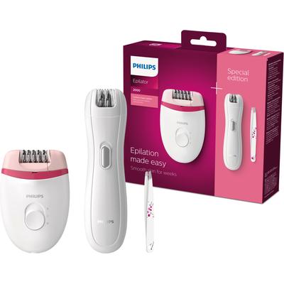 Epilierer PHILIPS "Satinelle Essential BRP506/00" weiß Damen mit Mini-Epilierer und Pinzette für Augenbrauen