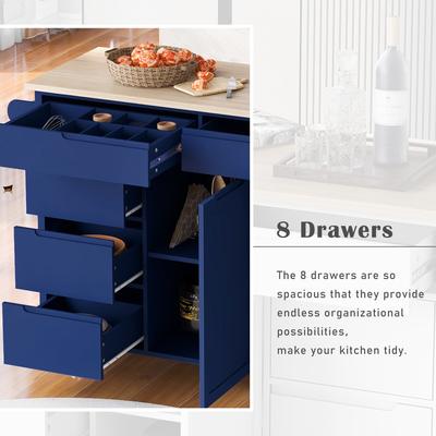 Kitchen Island on Wheels w/ 8 Handle-Free Drawers & Flatware Organizer