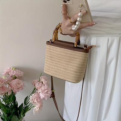 TEMU Women's Summer Fashion Handbag, Nylon Woven Crossbody Bucket Bag With Stylish Bamboo Handle, Versatile Small Tote For Vacation Image