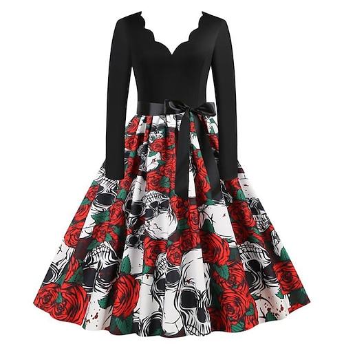 Rétro Vintage Années 1950 Robe Bal Masqué Robe Évasée Crâne Déguisement Femmes Halloween Carnaval Mascarade Halloween Fête / Soirée Enterrement de Vie de Jeune Fille Adulte Robe Robes de soirée