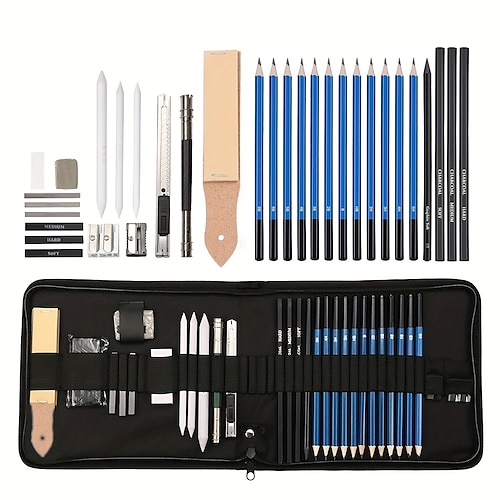 Bview Art 32er-Pack Zeichenstifte-Set, professionelles Zeichenset mit Skizzenstiften, Graphitkohlestiften in tragbarem Etui, Zeichenzubehör für Studenten, Erwachsene und Künstler Image