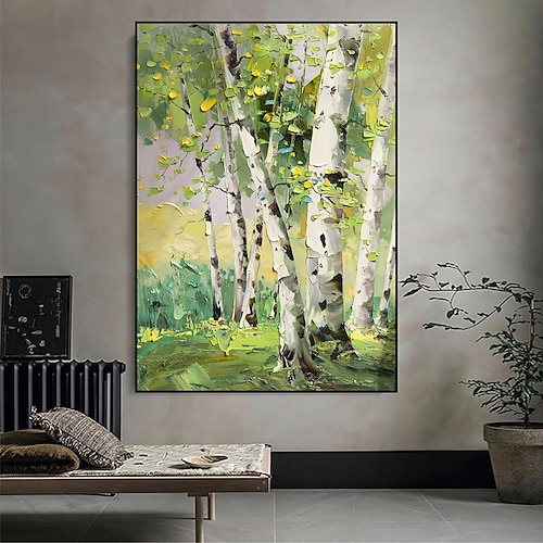 Handgefertigtes, handgemaltes Ölgemälde, Wandkunst, Frühlingsbirkenwald, Gemälde auf Leinwand, moderne Textur, grüner Baum, Gemälde, Dekor, gerollte Leinwand, kein Rahmen, ungedehnt Image