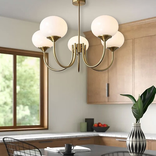 LED-Pendelleuchte Mitte des Jahrhunderts 3/5 Lichter Sputnik-Kronleuchter mit Glaskugel, moderne goldene Deckenleuchte für Esszimmer, Wohnzimmer, Schlafzimmer, Küche, Restaurant, Pendelbeleuchtung Image