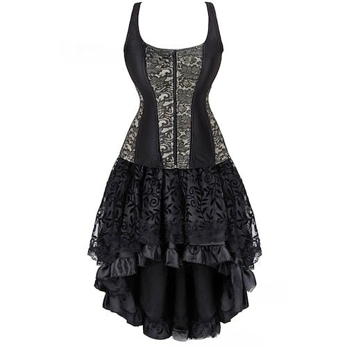 Retro Vintage Rokoko Punk Gothic Kurz / Mini Kleid Überbrustkorsett Bustier Hexe Jacquard Spitze Schulterfrei Kostüm Damen Fantasie Steampunk Walpurgisnacht Halloween Karneval Maskerade Party Image