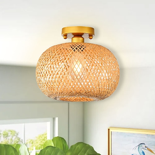 LED-Deckenleuchte Rattan Boho-Leuchten Deckenhalterung, halbbündige Rattan-Deckenleuchte mit handgewebtem Käfig-Lampenschirm, moderne Deckenleuchte für Schlafzimmer, Küche, Flur Image
