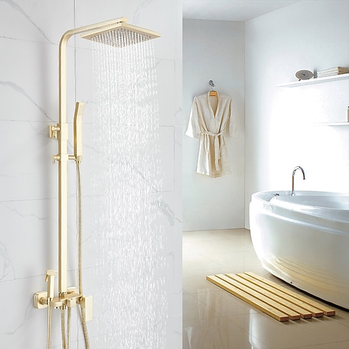 Duscharmatur, Duschsystem, Regenduschkopfsystem, Körperstrahl-Massageset – Handbrause inklusive, ausziehbare Regendusche, zeitgenössischer Vintage-Stil, Nickel gebürstete Halterung im Inneren des Image