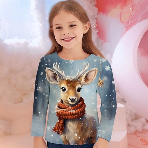Mädchen 3D Hirsch Weihnachts-T-Shirt T-Shirt Hemden Langarm 3D-Druck Frühling Herbst Aktiv Modisch Kuschelig kinderkleidung 3-12 Jahre Rundhalsausschnitt Outdoor Casual Täglich Regular Fit Image