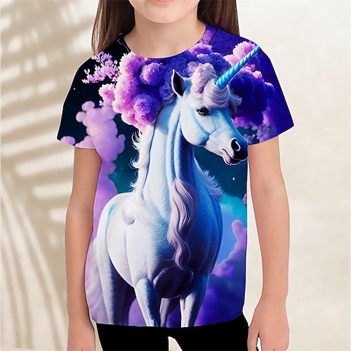 Mädchen 3D Graphic Einhorn Wolke T-Shirt Kurzarm 3D-Druck Sommer Frühling Aktiv Modisch Kuschelig kinderkleidung 3-12 Jahre Outdoor Casual Täglich Regular Fit Image