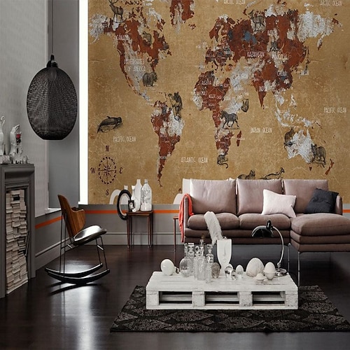Weltkarte Tapete Wandbild Vintage Atlas Wandverkleidung Aufkleber zum Abziehen und Aufkleben, entfernbares PVC/Vinyl-Material, selbstklebend/Kleber erforderlich, Wanddekoration für Wohnzimmer, Küche, Image