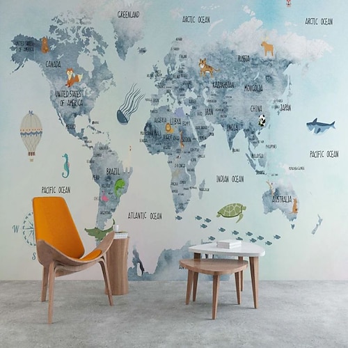 Weltkarte Tapete Wandbild Vintage Atlas Wandverkleidung Aufkleber zum Abziehen und Aufkleben, entfernbares PVC/Vinyl-Material, selbstklebend/Kleber erforderlich, Wanddekoration für Wohnzimmer, Küche, Image