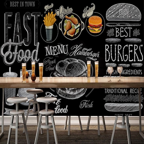 wandbild tapete wandaufkleber benutzerdefinierte selbstklebend essen illustration burger gebratenes hähnchen pvc / vinyl geeignet für wohnzimmer schlafzimmer restaurant hotel wanddekoration kunst Image