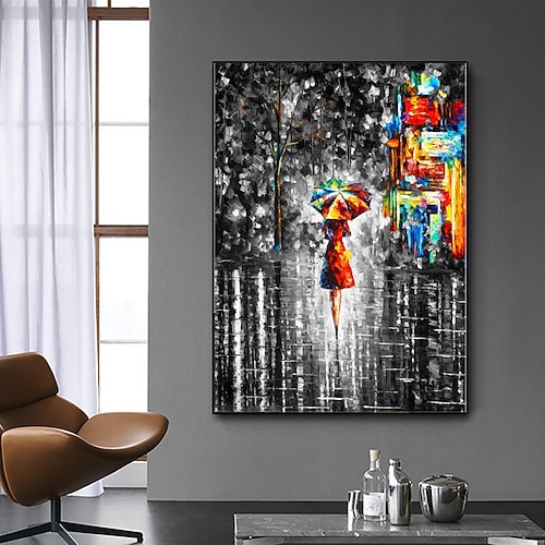 Handgefertigtes Ölgemälde auf Leinwand, Acryl, Wandkunst, Dekoration, modernes Schwarz-Weiß-Messergemälde einer romantischen, regnerischen Straßenszene für Wohnkultur, gerolltes, rahmenloses, Image