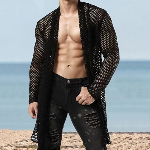 Herren Hemd Sommerhemd Mesh-Shirt Transparentes Hemd Transparente Bluse Schwarz Langarm Glatt Kragen Hawaiianisch Festtage Gitter Bekleidung Modisch Brautkleider schlicht Komfortabel Image