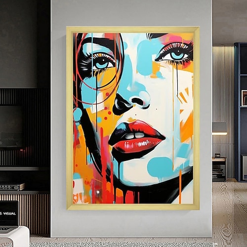 Handgemalte Wandkunst, farbenfrohes Gesichtsgemälde, Wandkunst, Frauenporträt, Leinwandgemälde, abstraktes Mädchen-Ölgemälde, Wanddekoration, Kunst, Heimdekoration, fertig zum Aufhängen oder auf Image