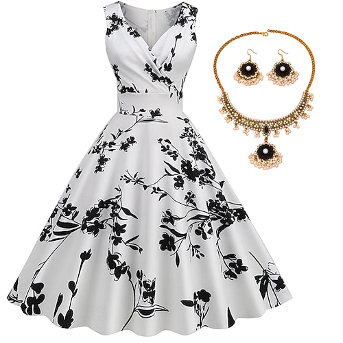 Geblümtes Kirsch-Vintage-Kleid, ärmelloses Swing-Kleid mit Halskette und Ohrringen, 4 Stück, 1950er-1960er-Jahre, Rockbility-Retro-Vintage-Kleid, Damen-Outfits, Frühling, Sommer, tägliches Image