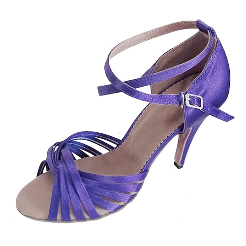 Damen-Latein-Tanzschuhe aus violettem Satin – Riemchen-Ballsaal-Pumps mit offener Spitze und Fesselriemen für Salsa, Tango und Auftritte Image