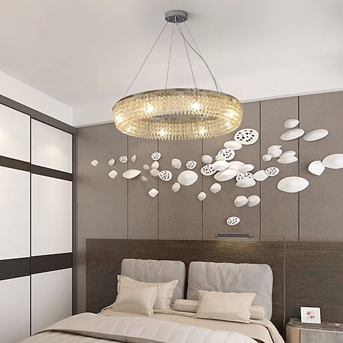 LED-Pendelleuchten, 6-Licht-Ring-Hängelampen, moderner 19,5-Zoll-Kristall-Metall-Kronleuchter in Chrom, 110-240-V-Deckenleuchte, Pendelleuchte für Wohnzimmer, Schlafzimmer, Restaurant, Hotel Image