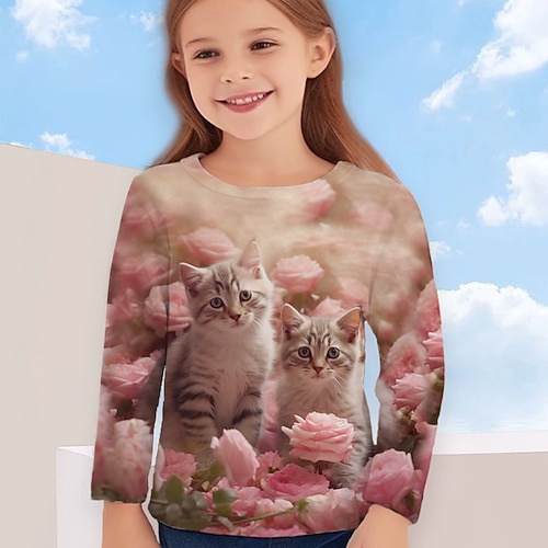 Mädchen 3D Karikatur Katze Wolke T-Shirt Langarm 3D-Druck Sommer Frühling Herbst Aktiv Modisch Kuschelig kinderkleidung 3-12 Jahre Outdoor Casual Täglich Regular Fit Image