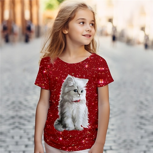 Mädchen 3D Katze T-Shirt Hemden Kurzarm 3D-Druck Sommer Aktiv Modisch Kuschelig Polyester kinderkleidung 3-12 Jahre Rundhalsausschnitt Outdoor Casual Täglich Regular Fit Image