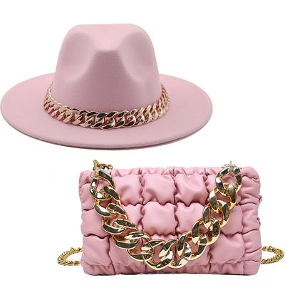 British Style Woolen Jazz Top Hat For Men And Women European And American Large Brimmed Hat Chain Large Brimmed Felt Hat Bag Set