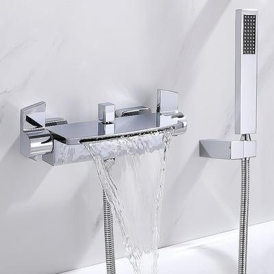 Waterfall Bathtub Faucet Wall Mounted, Widespread Bathroom Shower Mixer Faucet Bath Roman Tub Filler Mixer Tap Brass, 3 Hole Sprayer with Cold Hot Water Hose