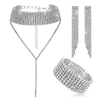 Bride's Full Diamond Claw Chain Tassel Bracelet Earrings Neckchain Three piece Set Jewely Sets