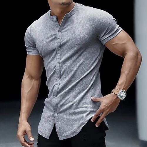 Homme Chemise T-shirt Cardigan Manches courtes Col ras du cou Été Uni Mode Designer Basique Boutons Vacances Rue Sortir Blanche Gris clair T-shirt haut de gamme pour homme