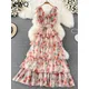 EWQ Summer New Chiffon Dress Women Sleeveless V-neck Contrast Color Print High Waist A-line Dresses