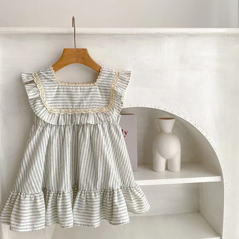 Mädchen Kleidung Sommer Baby Mädchen gestreift Plaid fliegende Ärmel Geburtstags feier Kleid Baumwolle Kinder elegante gekräuselte Kleidung Kleider Image