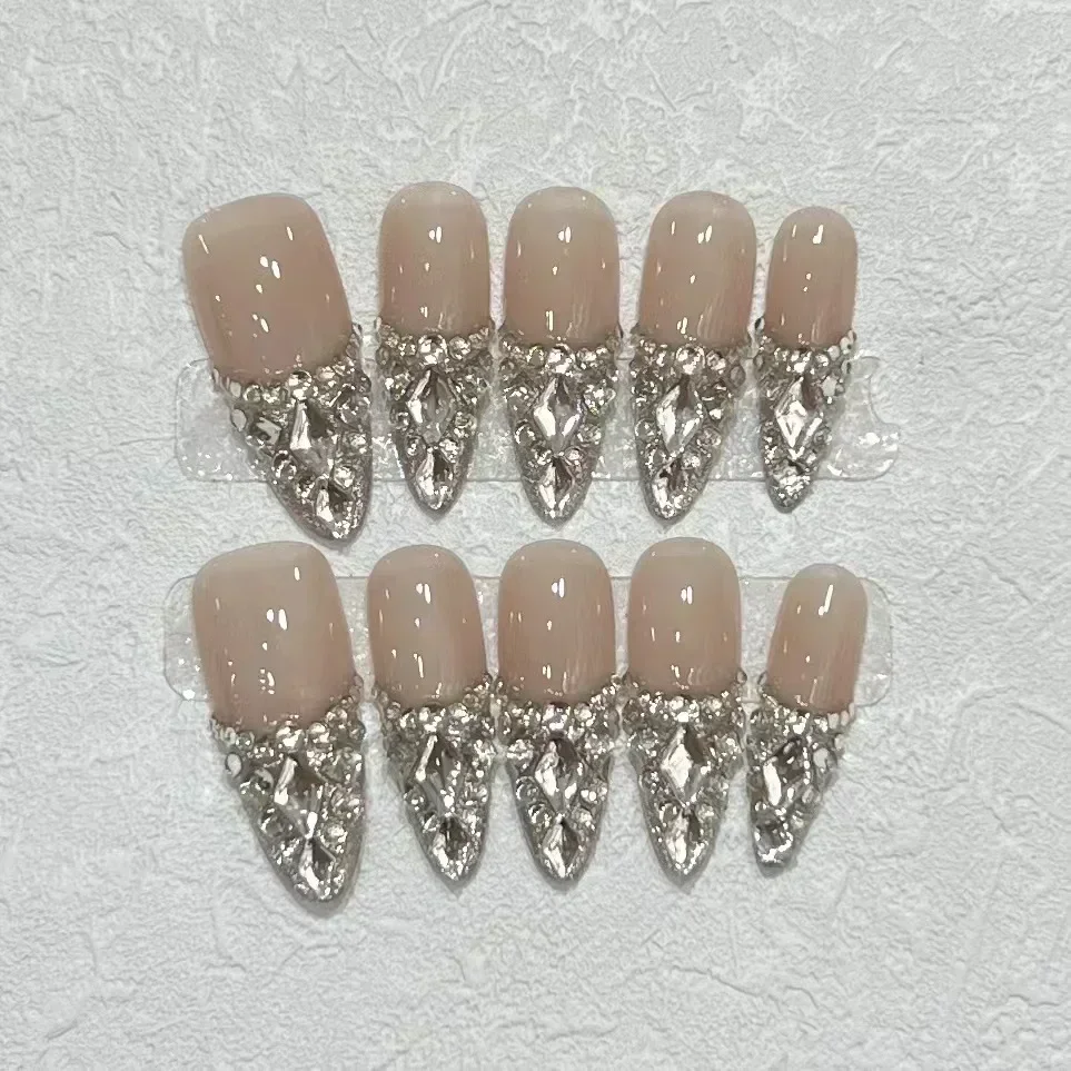 10 Stück handgemachte Mandel-Pressnägel, französische Strasssteine, vollständige Abdeckung, künstliche Nägel, Retro-Nude-Maniküre, Ballett, tragbare Nagelspitzen, Kunst Image